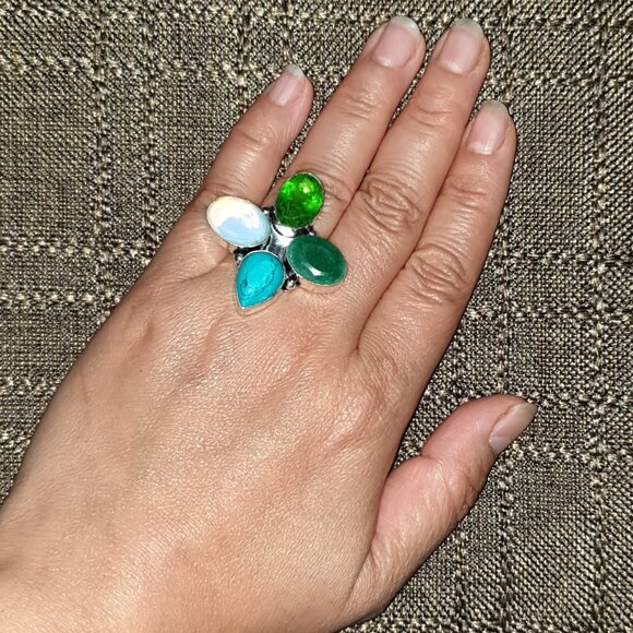 Bold Vintage Sterling Silver Multi-Gemstone Floral Cluster Statement Ring - Picture 10 of 15